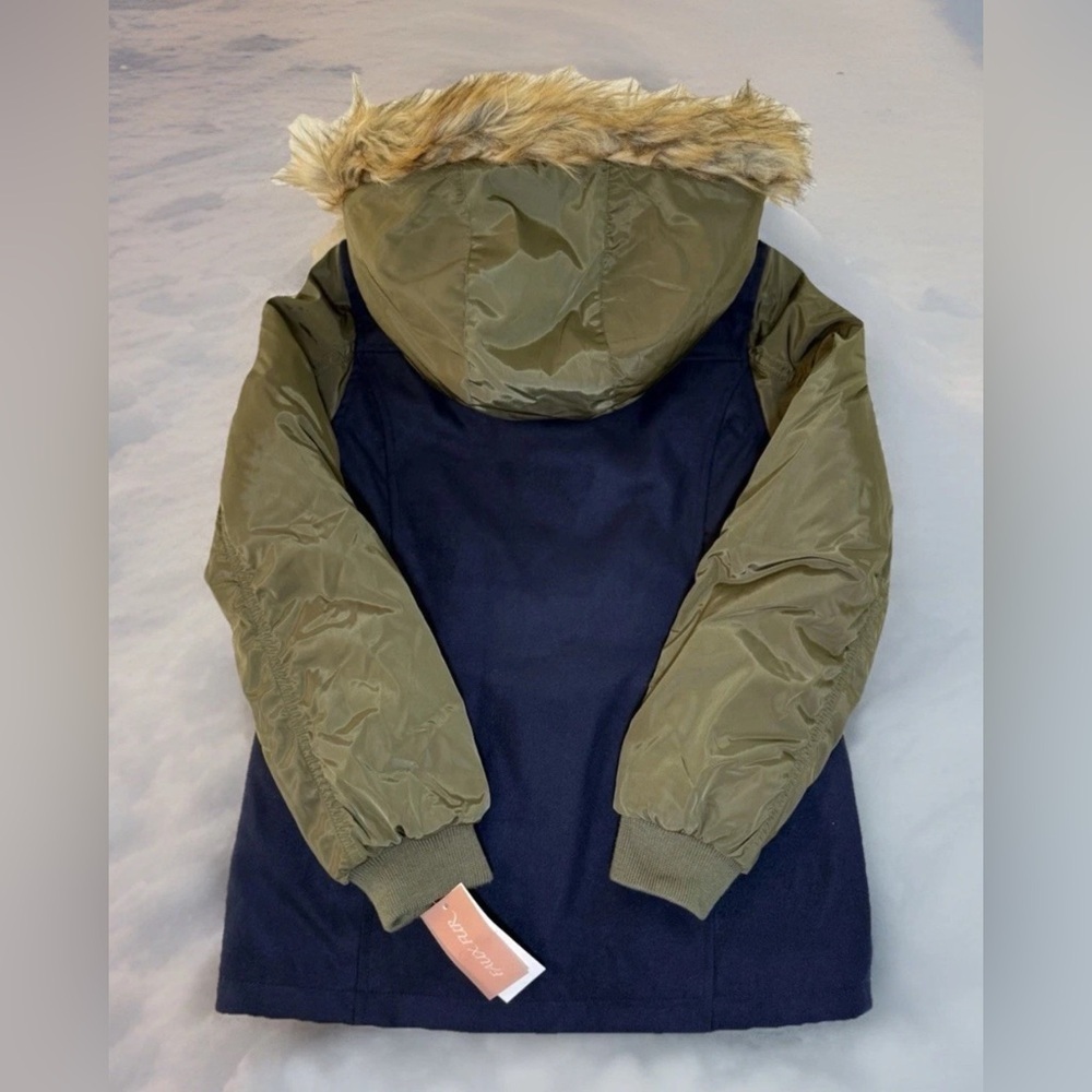 NEW Jessica Simpson Girls Heavy Blue Olive Coat Faux Fur Hood Medium 10 / 12 - Picture 2 of 13
